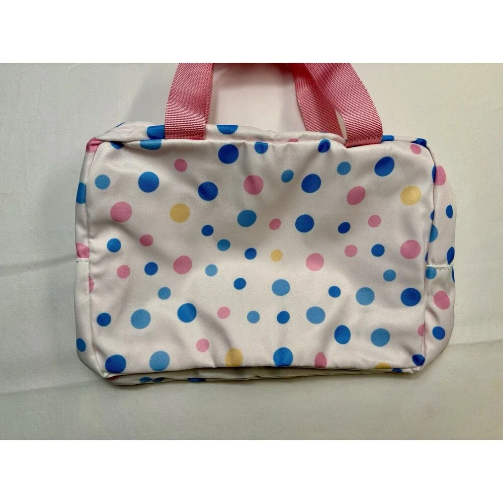 Polka Dot Makeup Bag White Pink Blue Yellow Zipper Handle 10in x 5in
